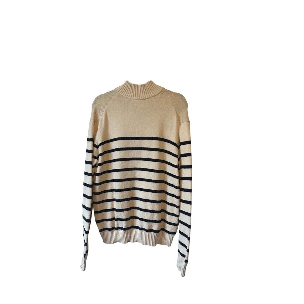 Brandy Melville Preppy Striped Quarter Zip Sweater Beige‎ Navy Cotton  Size XL